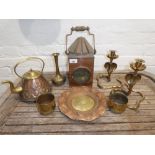 A Bulpitt and Sons copper lantern, a pair of Eastern brass snake, candle sticks and other