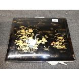 Japanese photograph album with decorative lacquer cover and leather spine, containing approx 80