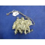 Chinese white coloured metal, pendant, embossed dragon & figure design hung with 4 bells. 10 X