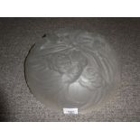 Old frosted glass plafonnier decorated flying birds with stamped registered number, 34cm small chip