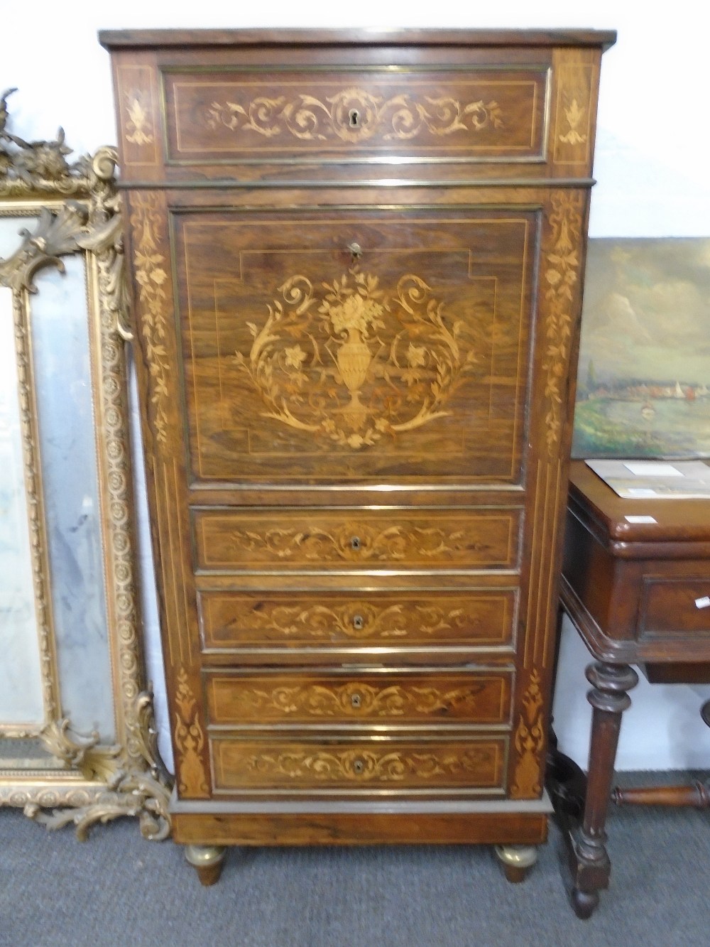 A French 19th century rosewood and brass mounted Secretaire a Abattant with marble top and inlaid - Image 3 of 3