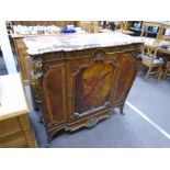 An Antique French kingswood and rosewood break front credenza having painted panel with gilt metal