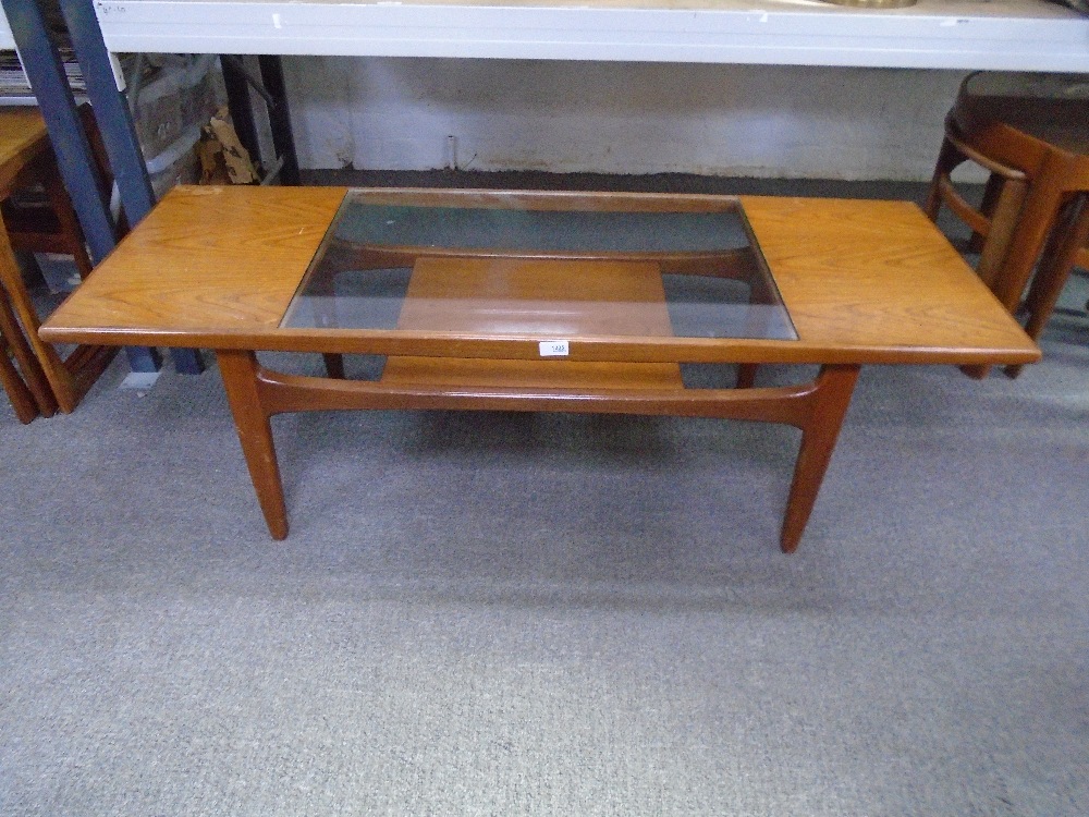 Vintage teak oblong coffee table with central glass top, 136.5cm