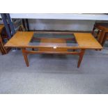 Vintage teak oblong coffee table with central glass top, 136.5cm