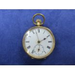 Ladies 18K yellow gold pocket watch with white enamel face, seconds dial case engraved with