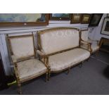 Pair of French 19th Century giltwood open armchairs and similar settee