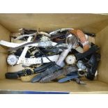 Box of various vintage and other wristwatches with leather straps