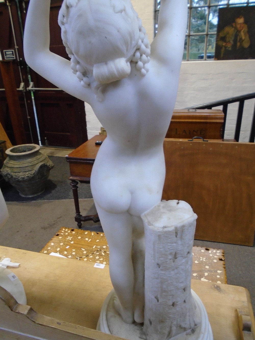 19th Century white marble figure of a female nude holding grapes beside a tree stump, 90cm - Image 4 of 4