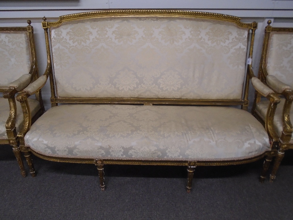 Pair of French 19th Century giltwood open armchairs and similar settee - Image 2 of 4