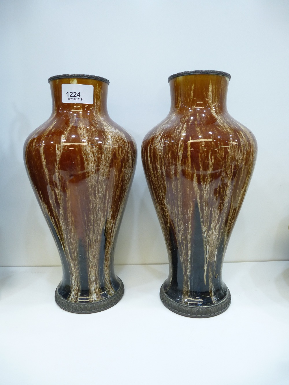 Pair of late 19th early 20th Century continental vases; of blauster form, metal raised relief border