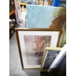 Box of mixed framed and glazed pictures together with loose pictures