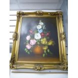 Modern oil on canvas signed R.Rosini of still life flowers in ornate gilt frame