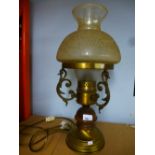 Wood brass and glass table lamp in the form of an oil lamp