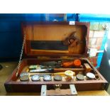 Wooden box with wooden vintage hand tools and pots of screws, etc