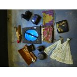 Box of collectables incl. Oriental items embossed photo frame, cigarette case, decorative