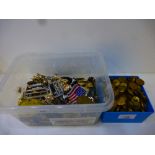 Quantity of military badges, buttons etc and a box of military buttons