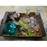 Crate of glassware including glass decanters, biscuit barrel, sugar shakers vases etc.