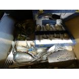 Box of silver plated cutlery incl. cased dessert spoons etc and Cased Cornona typewriter