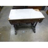 Marble top antique French console table with a drawer on turned supports and stretcher