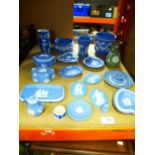 Wedgwood; quantity of blue Wedgwood Jasperware incl. vases, pin dishes etc