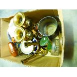 Box of mixed metalware incl. candlicks and box of ceramics incl. Queens bone china, Studio pottery