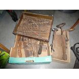 Box of vintage tool including wood drill bits.