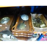 Oak cased wall clock, mahogany example and box of brass clock parts