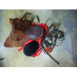 Pony saddle by E Jefferies, bridal and other riding items