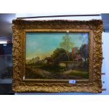 Oil on board signed Edgar James of a country Church scene