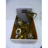 A quantity of metal ware mainly brass, including a vintage babies teether and silver and plate