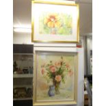 Framed and glazed water colour still life signed together with oil on canvas still life signed
