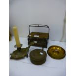 Brassware, trenchart dish inset with George V Coin, brass cross, tin, candle stick and brass and