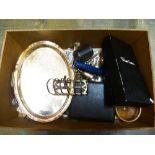 Box of silver plated ware incl. toast rack, cased napkin rings, cased pickle fork etc