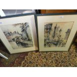 Two pictures, framed & glazed of river scene & town scene