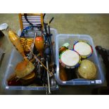 2 Crated of vintage musical instruments including Bongo, harmonicas maracas etc.