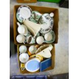 2 Boxes of mixed china incl. green and white floral tea set, Midwinter etc