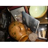 Box of mixed items to including framed pictures, cutlery, ceramic jug, etc.