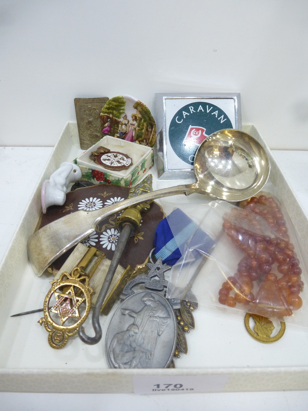 2 Small boxes of mixed items to incl. Military buttons and badges, old caravan club, ladle etc.