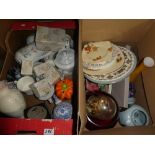 2 Boxes of mixed items incl. glass ceramic, figures plates and an anniversary clock