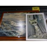 Large framed oil on canvas seascape and a print of a sad cat