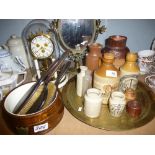 Sundry items to incl. Earthenware, domed anniversary clock, brass tray etc.