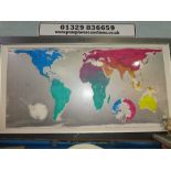 Large aluminium framed panel depicting a map of the world