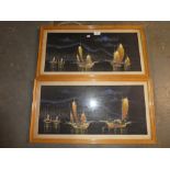 Framed & glazed painting on silk Oriental harbour scene