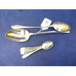 Pair of Victorian silver serving spoons, engraved with initials, London 1886, together with a set of