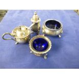 Three piece silver cruet set Birmingham 1958, together with a silver salt, London 1894 total