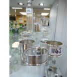 Small quantity of items including glass toilet jars with silver lids, hair tidy, napkin rings etc.