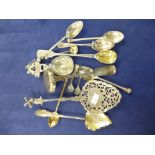 Collection of silver & white coloured metal spoons including condiment spoons, caddy spoon etc.