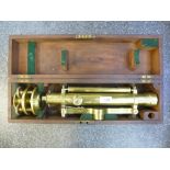 Antique brass surveyors level by Troughton and Simms, London in mahogany case