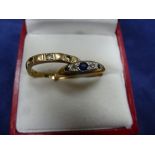 18ct yellow gold ring set with 3 small sapphires and diamonds, shank stamped 18ct, together with a