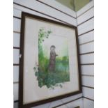 A watercolour of standing otter beside a river, signed Sue Warner